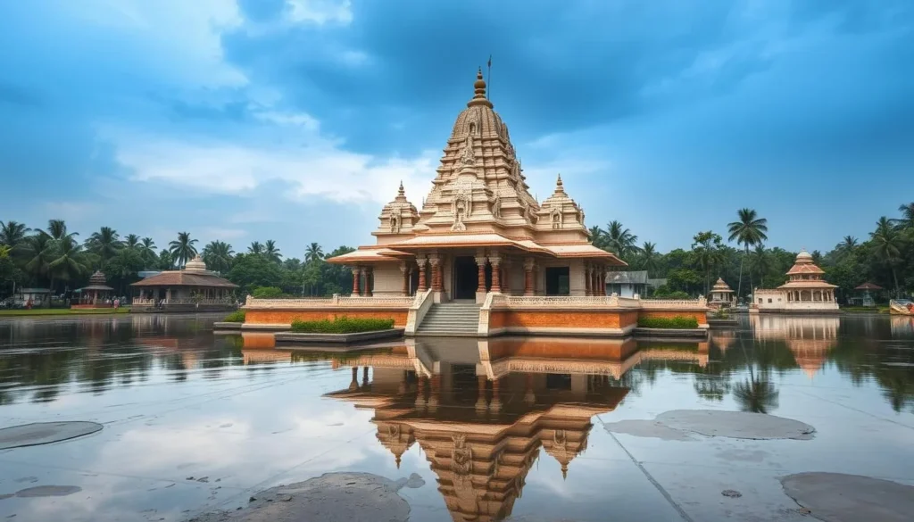 Generate an image of Kadampuzha Temple's serene surroundings and unique architecture.