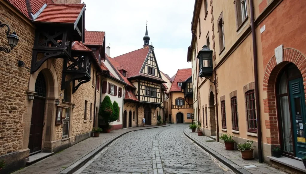 Generate an image of Kadaň's narrow cobblestone streets and Gothic and Renaissance buildings.