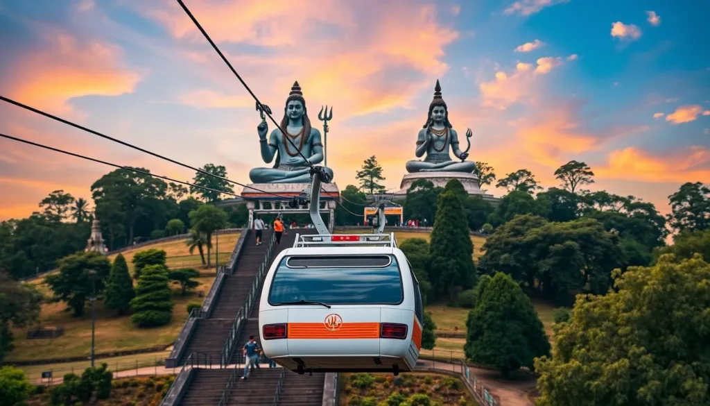 Generate an image of Kailasagiri Hill Park with the Shiva and Parvati statues and a cable car in the foreground.