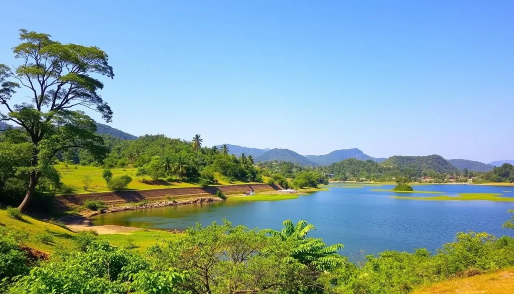 Generate an image of Kalyani Dam surrounded by lush greenery and Papanasam in the background.