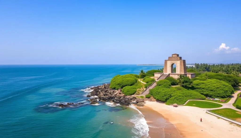 Generate an image of Kappad Beach with its monument commemorating Vasco da Gama's landing.
