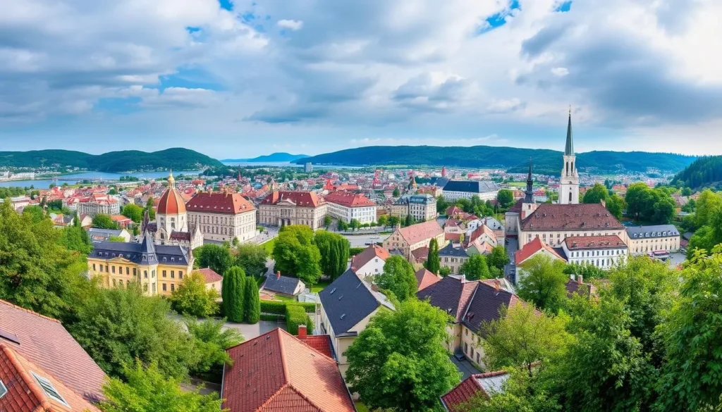 Generate an image of Karlovy Vary's panoramic view from a hilltop