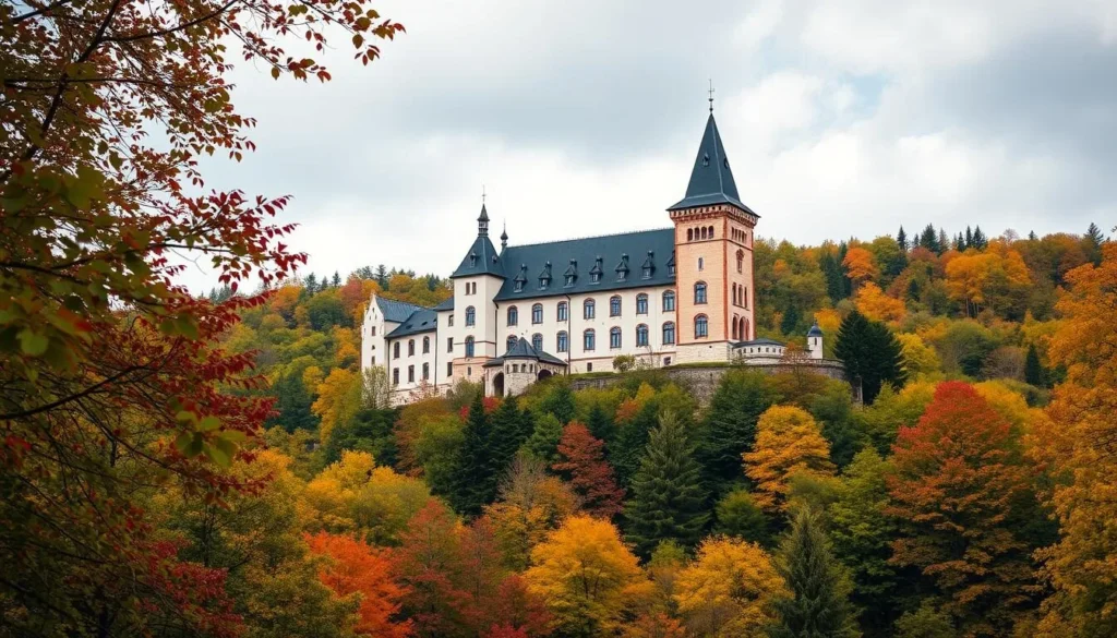 Generate an image of Karlštejn Castle, a majestic Gothic castle perched on a hill surrounded by lush forests.