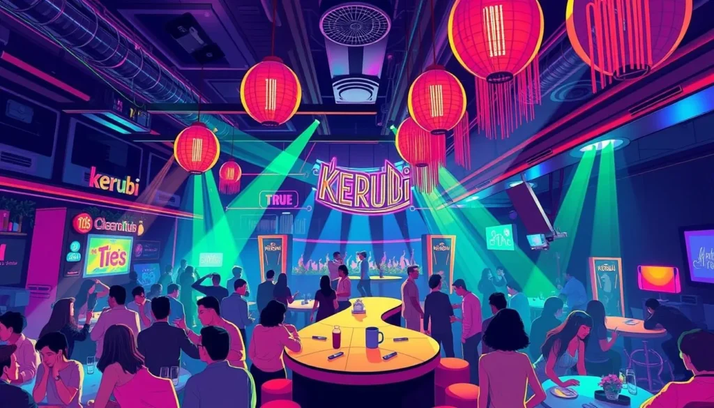 Generate an image of Kerubi Club's vibrant interior on a Saturday night.