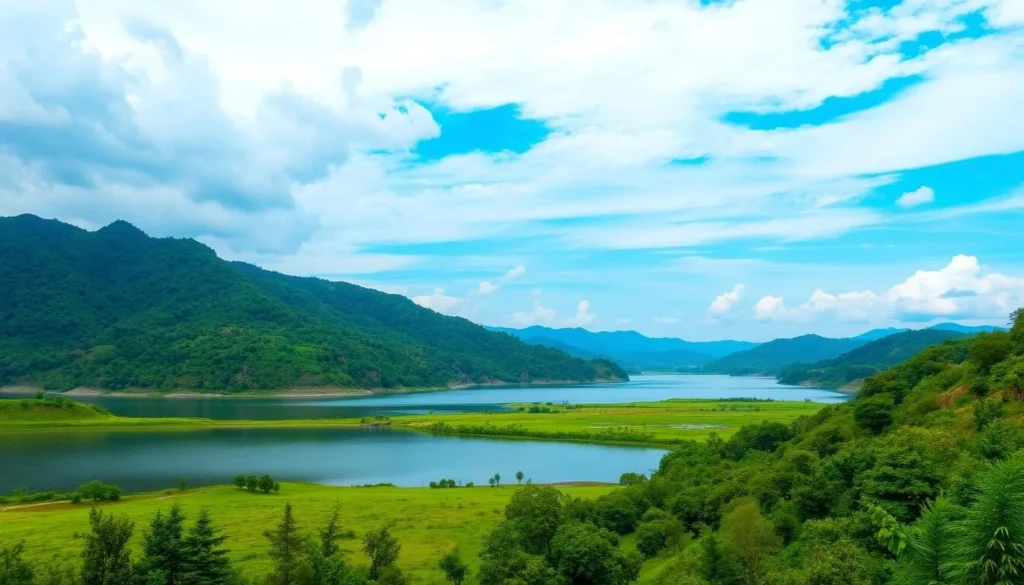 Generate an image of Khanapur Dam surrounded by lush greenery and hills, with a serene reservoir in the foreground.