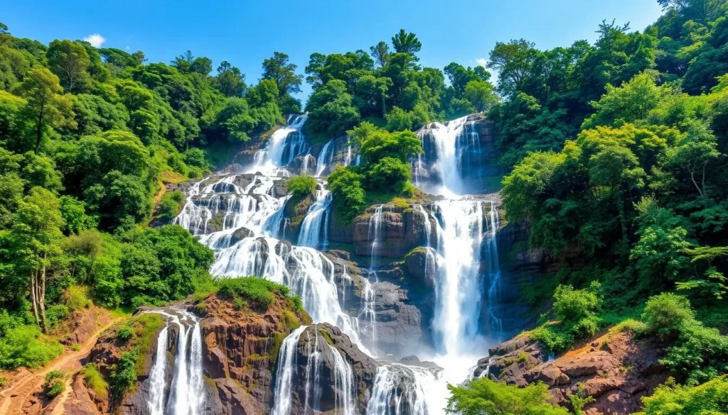 Generate an image of Khandadhar Waterfall, a majestic waterfall surrounded by lush green forests, with water cascading down from a great height.