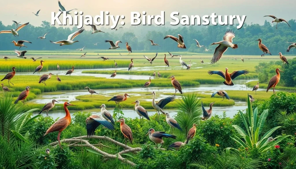 Generate an image of Khijadiya Bird Sanctuary with diverse bird species and ecosystems.