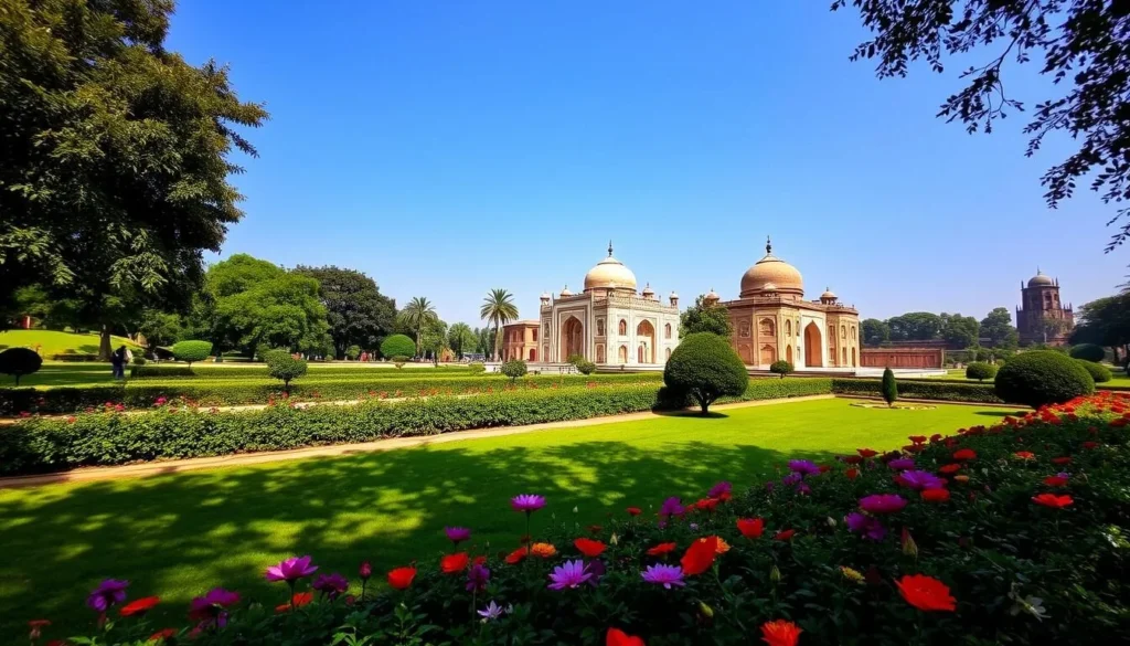 Generate an image of Khusro Bagh's serene gardens and Mughal tombs