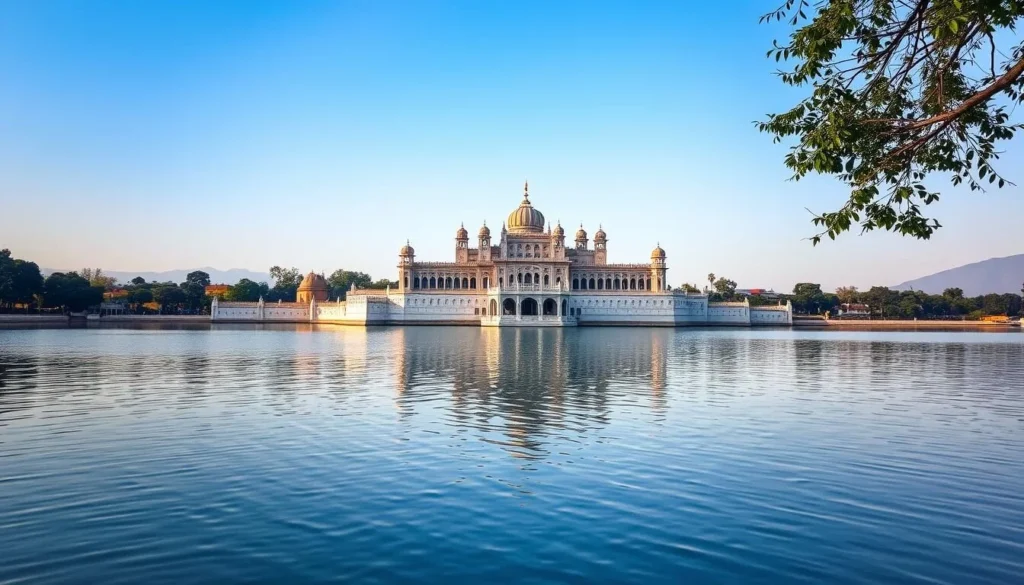 Generate an image of Kishore Sagar Lake with Jag Mandir Palace in the background