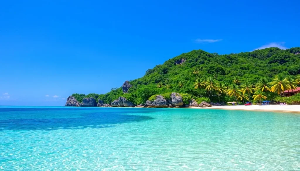 Generate an image of Koh Samui during its dry season, showcasing clear skies and beautiful beaches.