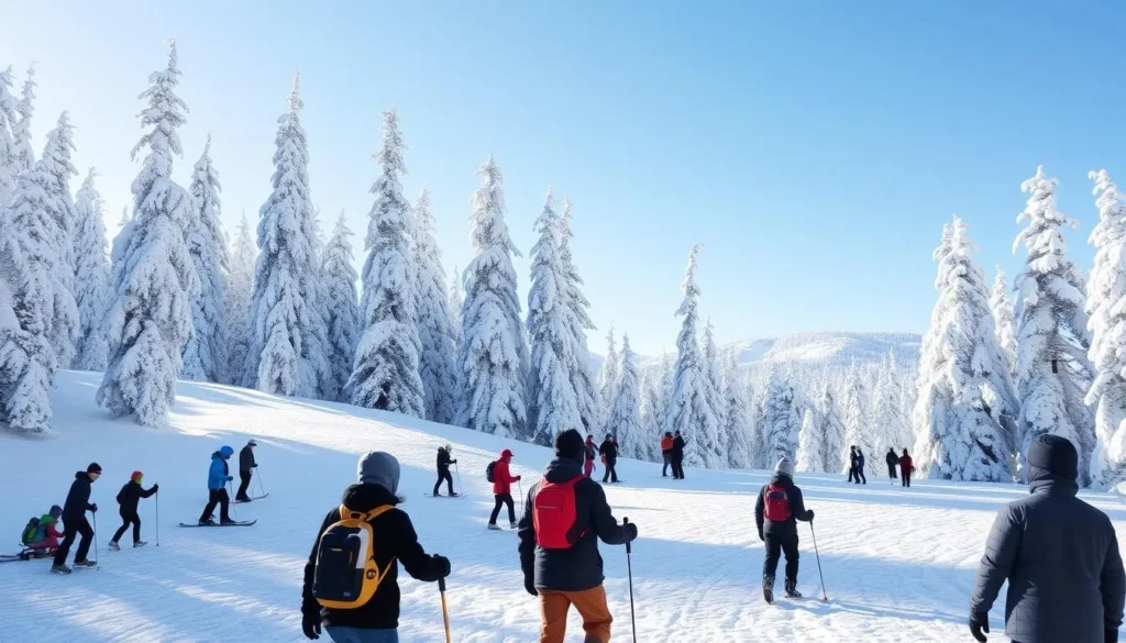 Generate an image of Koli National Park covered in snow with people engaging in various winter activities.
