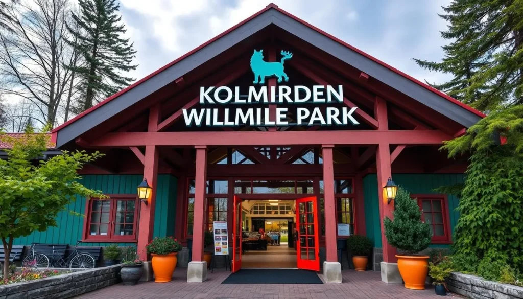 Generate an image of Kolmården Wildlife Park's main entrance, showcasing its vibrant colors and welcoming atmosphere.