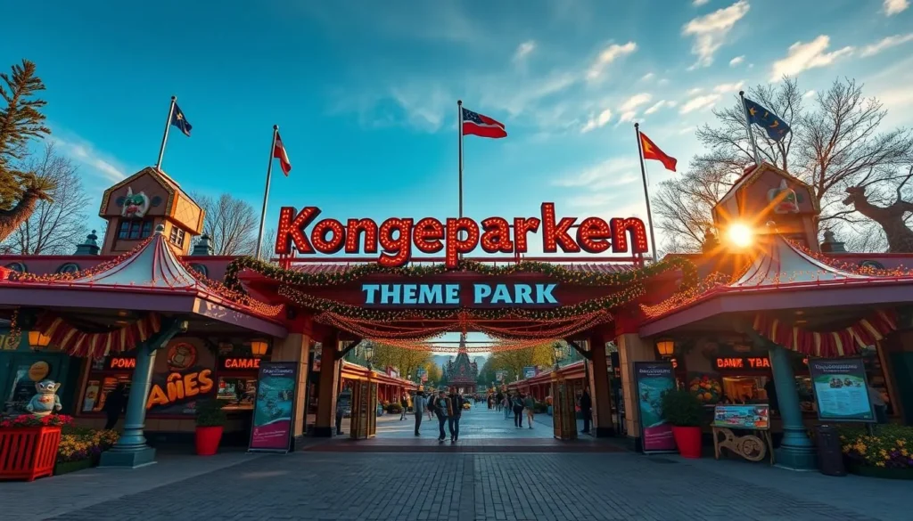 Generate an image of Kongeparken Theme Park's main entrance, welcoming visitors with a colorful and vibrant atmosphere.