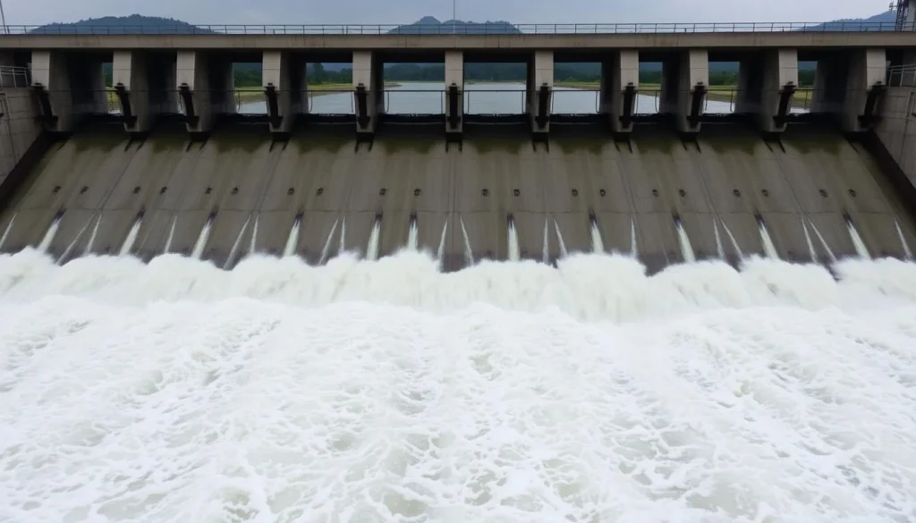 Generate an image of Kota Barrage with water rushing through the gates