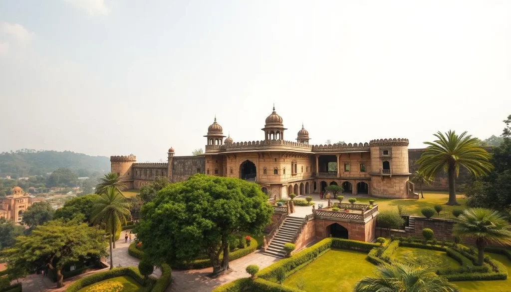Generate an image of Kotla Fort, showcasing its majestic architecture and beautiful gardens.