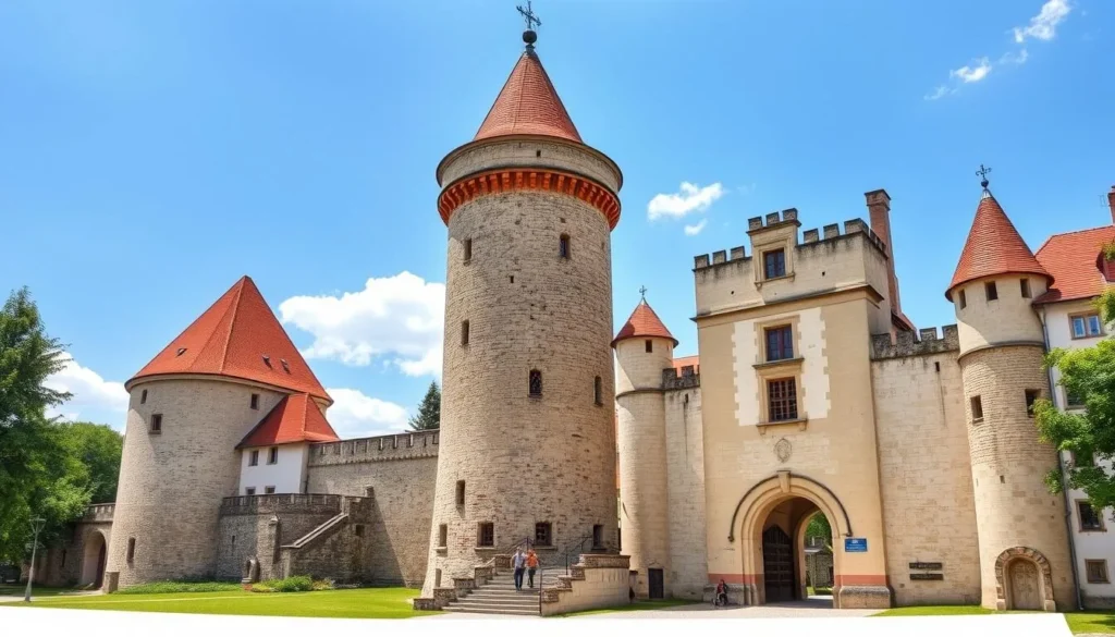 Generate an image of Kotnov Tower and Bechyne Gate in Tabor, Czechia.