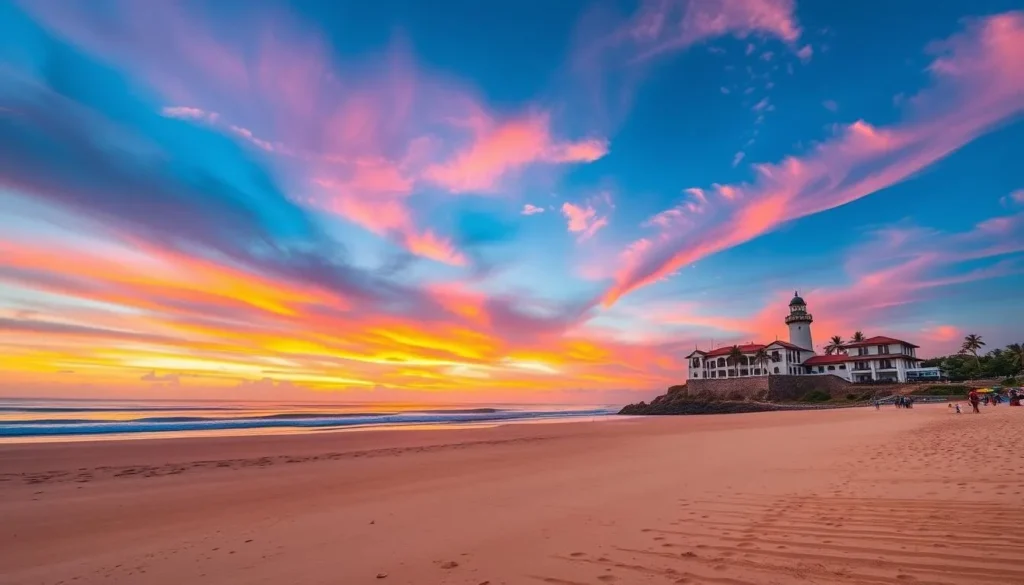 Generate an image of Kovalam Beach with its distinctive crescent-shaped coastline and lighthouse.