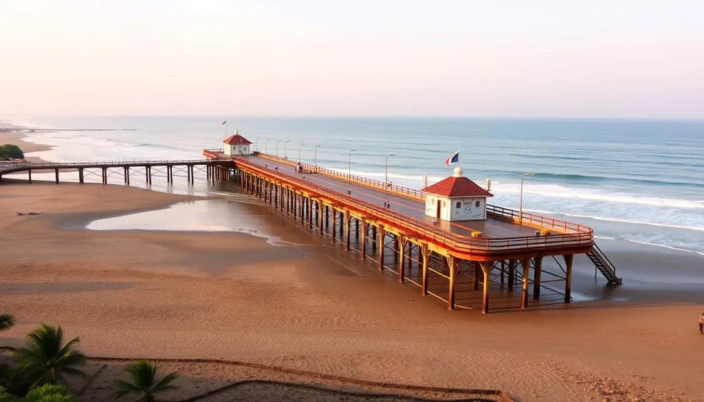 Generate an image of Kozhikode Beach with its 125-year-old sea pier extending into the Arabian Sea.