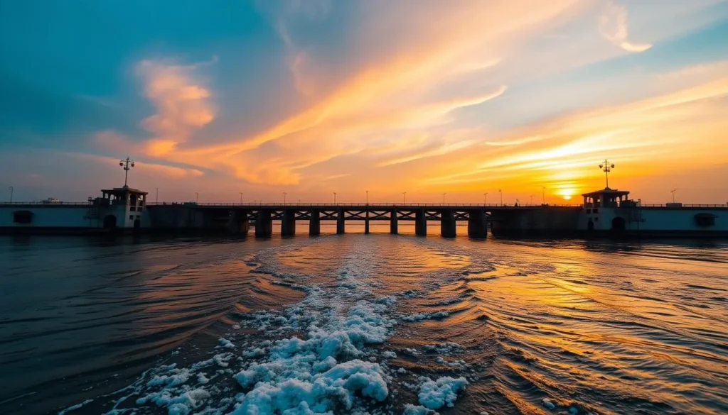 Generate an image of Krishna Barrage at sunset with water flowing through its gates.