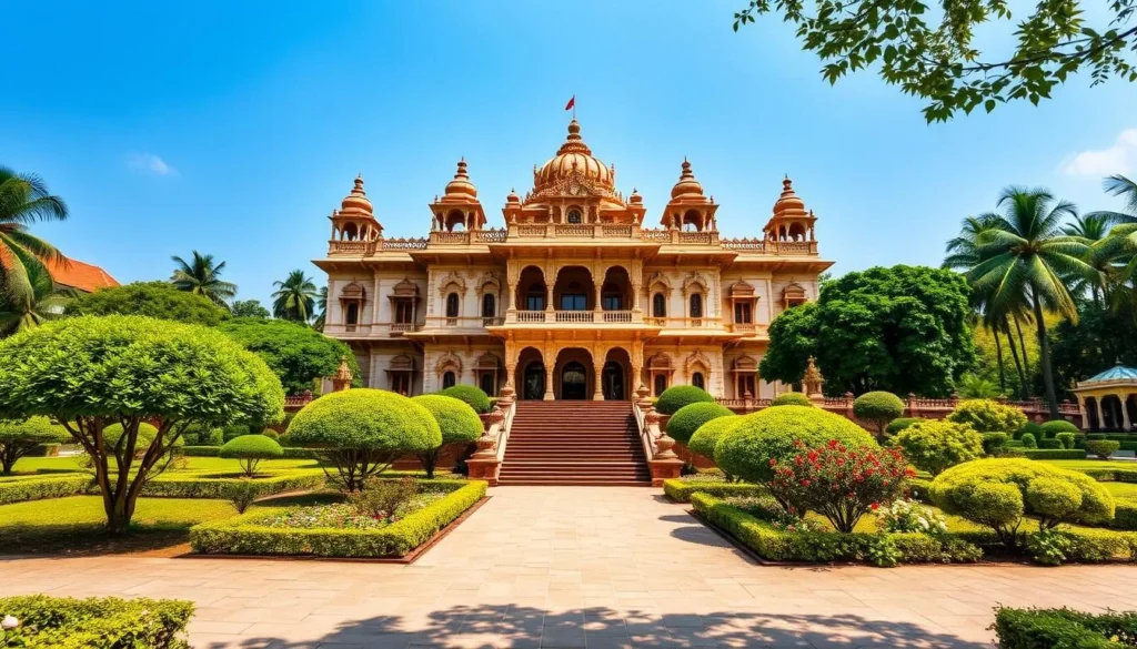 Generate an image of Krishnapuram Palace, highlighting its historical architecture and beautifully maintained gardens.