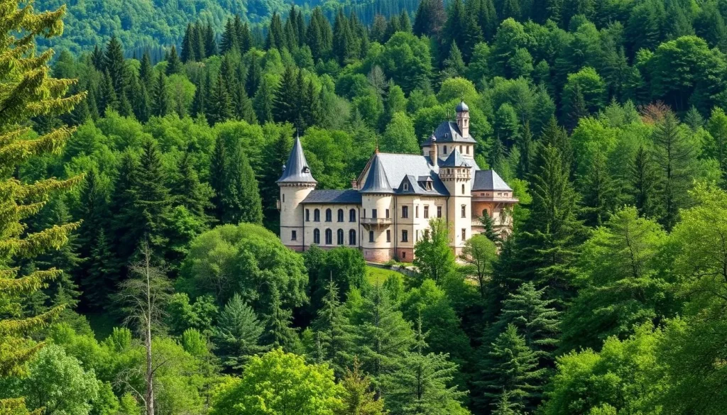 Generate an image of Krivoklat Castle surrounded by deep forest.