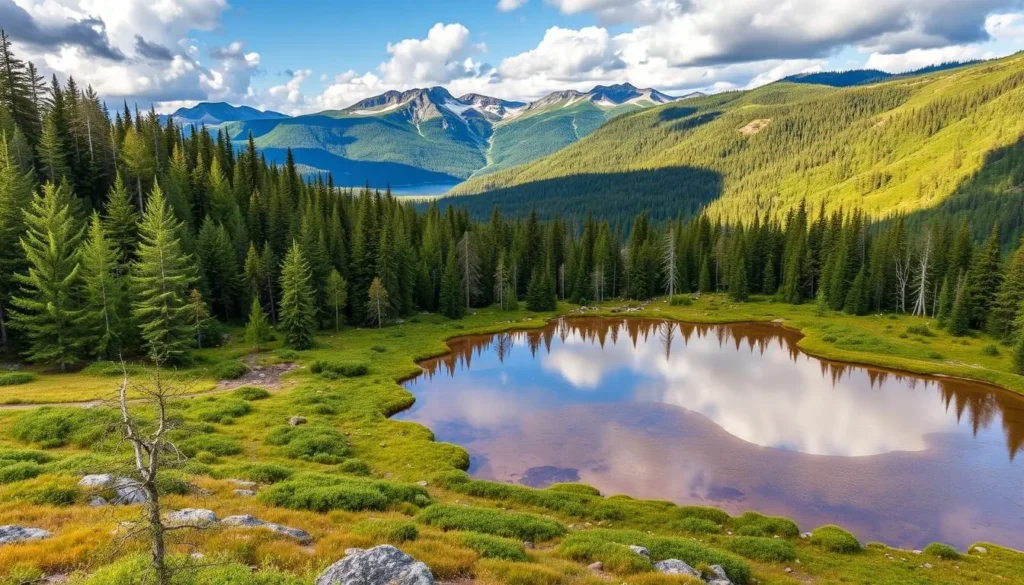 Generate an image of Krkonose National Park's diverse landscape, including forests, mountains, and a peat bog.