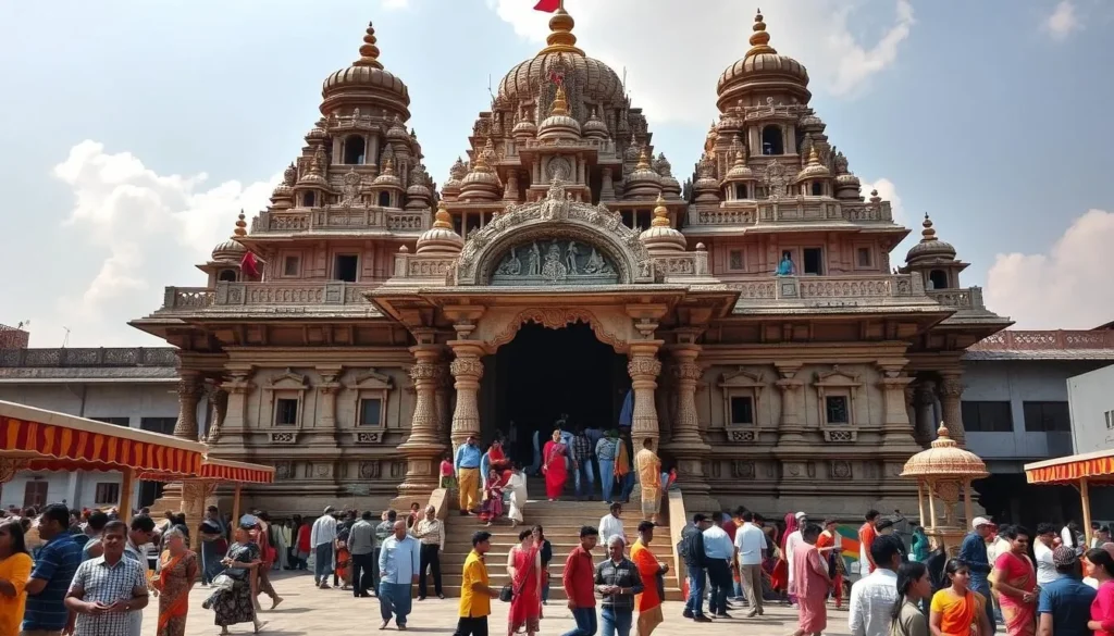 Generate an image of Kudroli Gokarnath Temple, highlighting its vibrant architecture and bustling atmosphere.