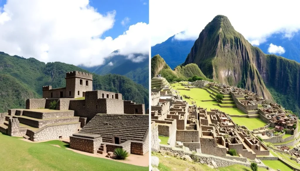 Generate an image of Kuelap and Machu Picchu side by side to compare their architectural styles.