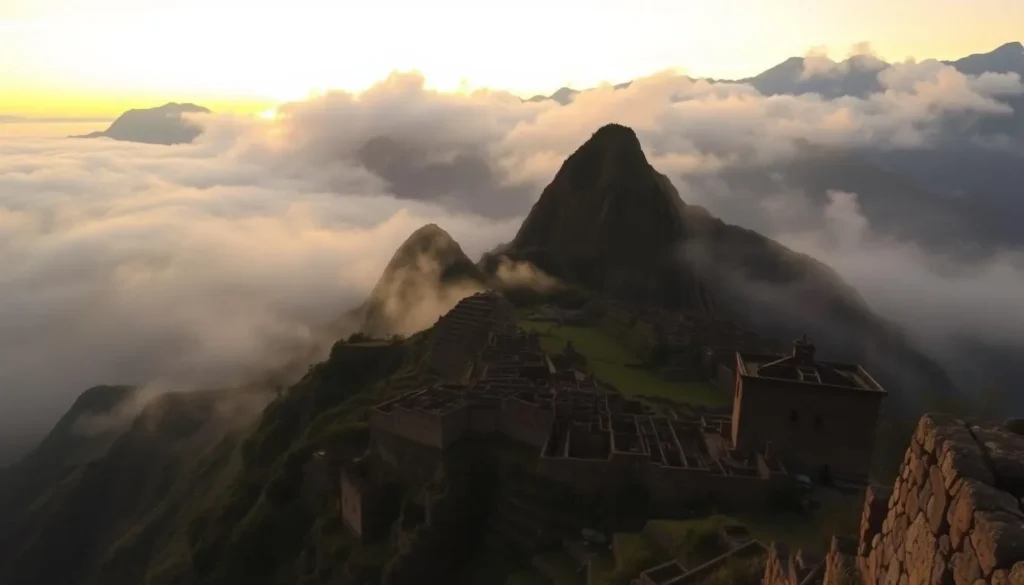 Generate an image of Kuelap fortress at sunrise with mist surrounding the mountains. Generate an image of Kuelap fortress at sunrise with mist surrounding the mountains.