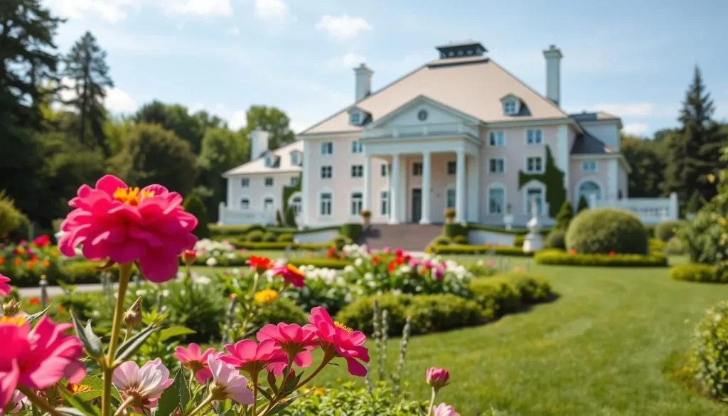 Generate an image of Kultaranta gardens with the Finnish President's summer residence in the background.