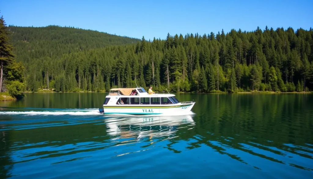 Generate an image of Kultareitti Water Taxi cruising through the serene waters of Repovesi National Park.