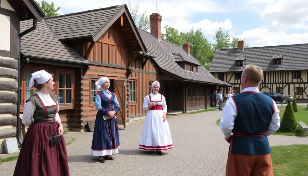 Generate an image of Kulturen Open-Air Museum in Lund, Sweden, showcasing its historic buildings and staff in traditional dress.