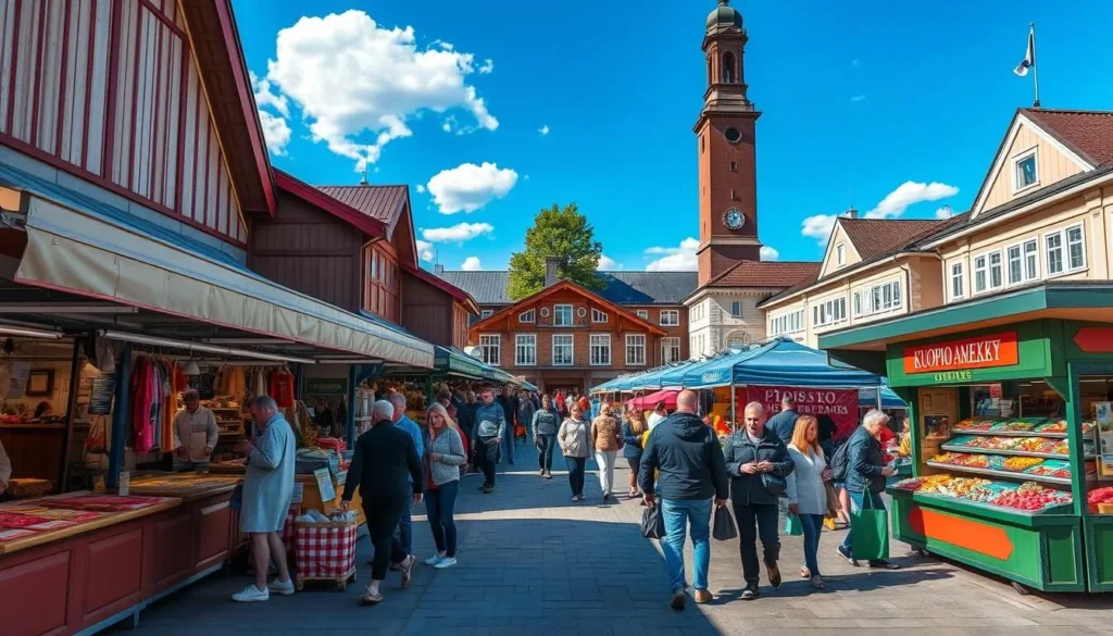 Generate an image of Kuopio Market Square on a sunny day with vibrant stalls and people shopping.