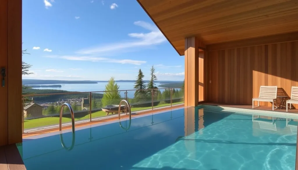 Generate an image of Kuopion Saana Spa's outdoor heated pool overlooking Lake Kallavesi