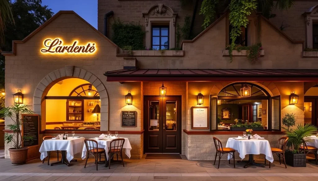 Generate an image of L'Ardente restaurant's exterior or interior