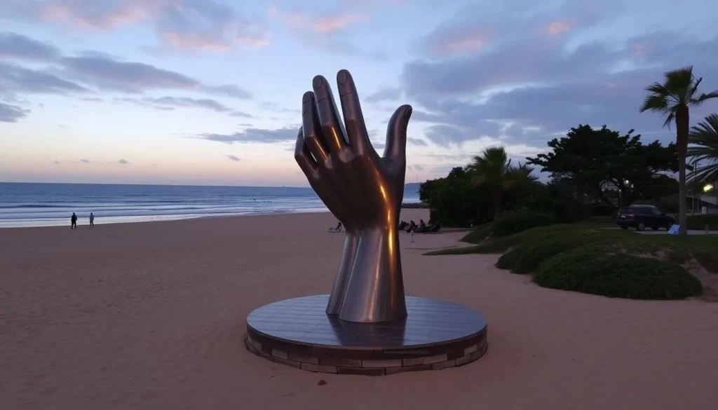 Generate an image of "La Mano" sculpture at Playa Brava in Punta del Este