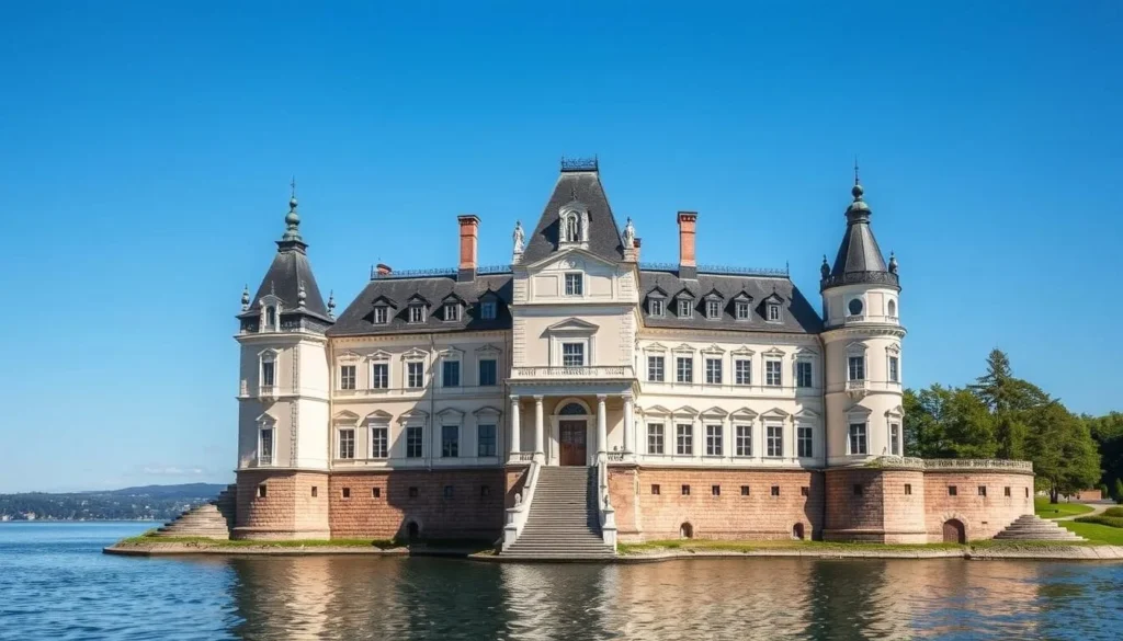 Generate an image of Läckö Castle, a baroque-style castle situated on the shores of Lake Vänern.
