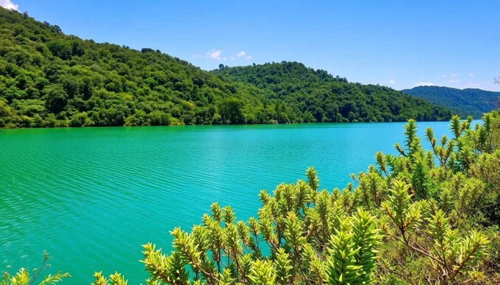 Generate an image of Lago Verde in Alter do Chão, Brazil, showcasing its serene waters and lush vegetation.