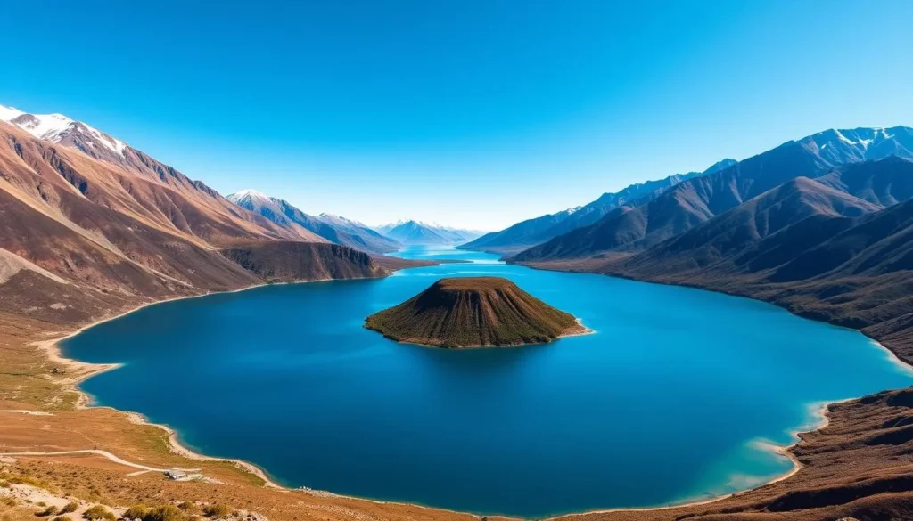 Generate an image of Laguna Cuicocha, a crater lake with islands in the middle, surrounded by mountains.