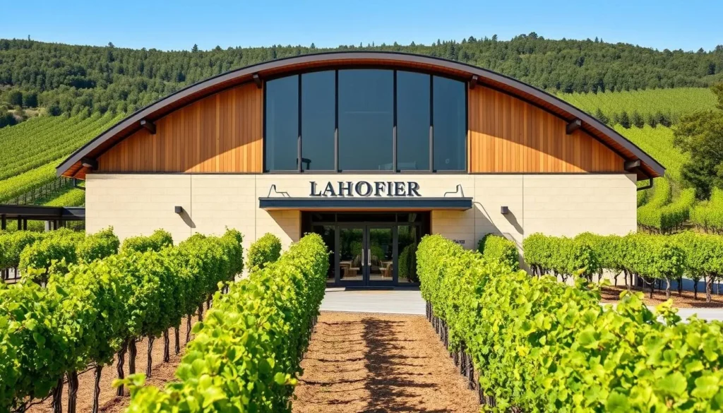 Generate an image of Lahofer Winery's modern structure with its curved roof and vineyards in the background.