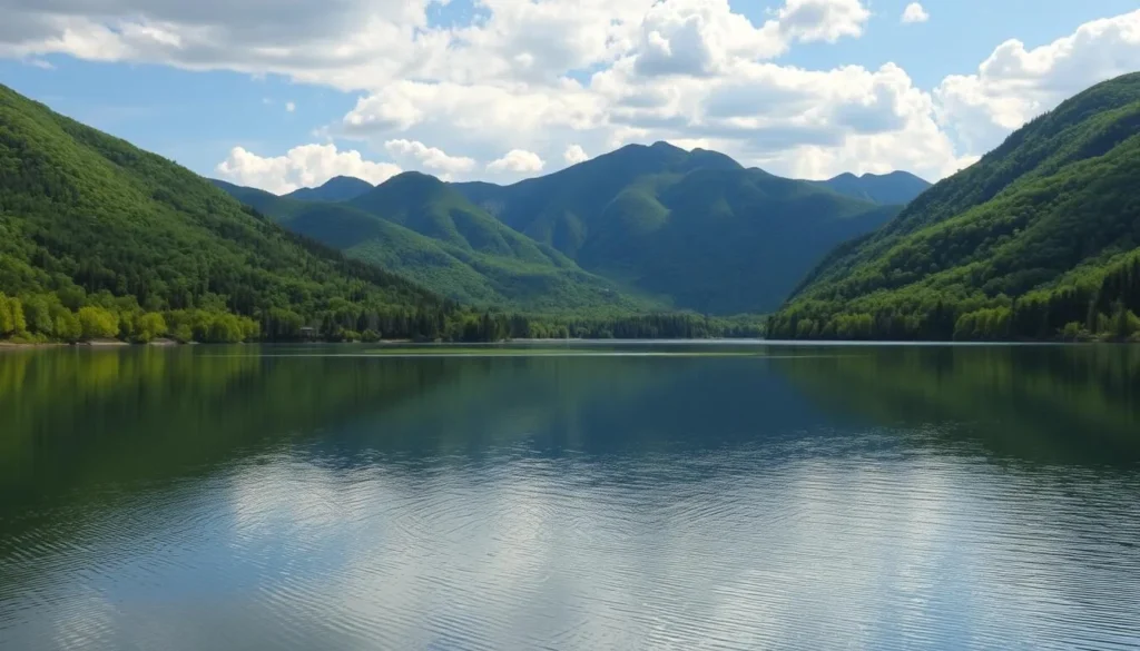 Generate an image of Lake Dardanelle with surrounding mountains and lush greenery.