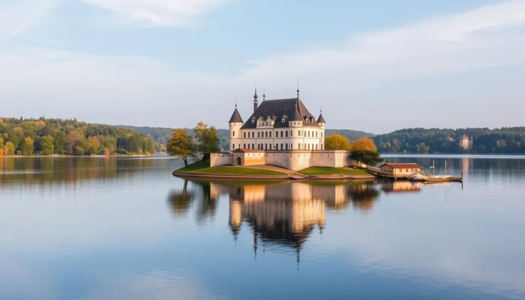 Generate an image of Lake Galvė with Trakai Island Castle in the background.