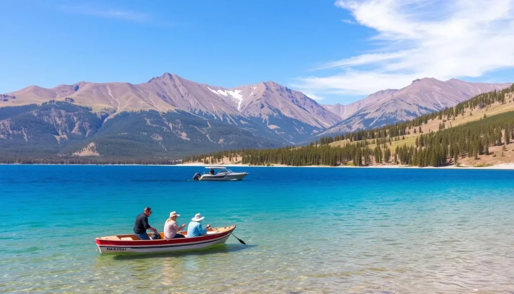 Generate an image of Lake Granby, highlighting its crystal-clear waters and surrounding landscape, with people enjoying boating and fishing.