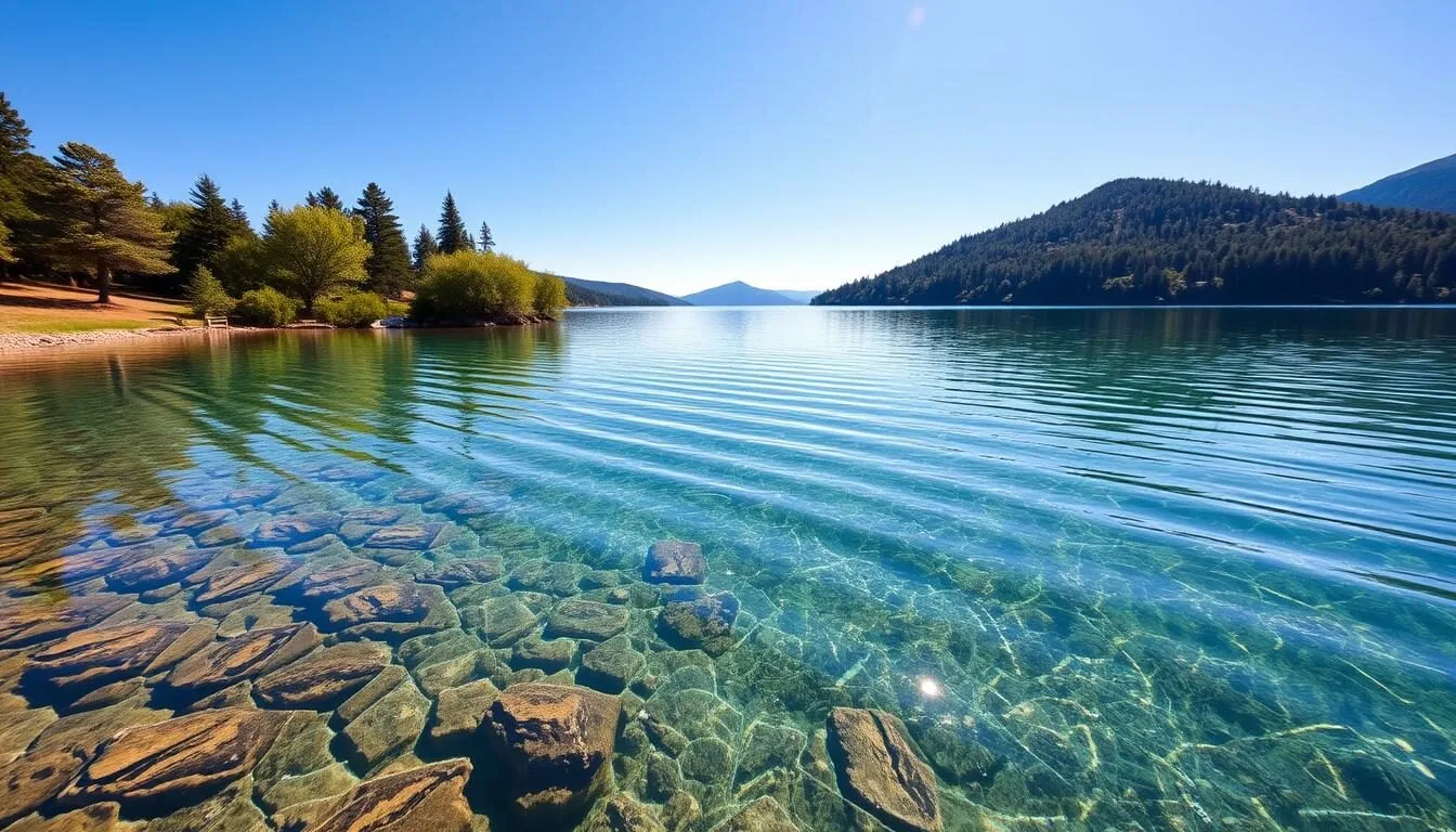 Generate an image of Lake Medard with crystal-clear waters and surrounding landscapes.