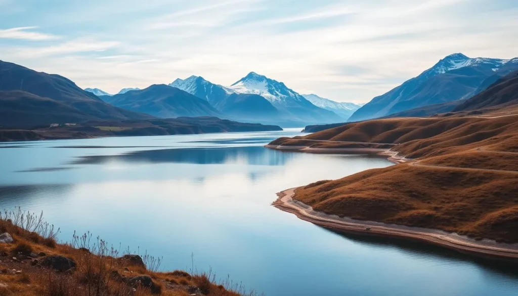 Generate an image of Lake Seljordsvatnet surrounded by rolling hills and mountains.