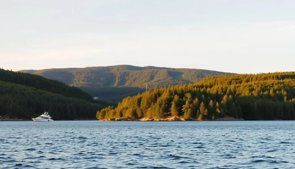 Generate an image of Lake Vättern with a serene atmosphere and surrounding landscapes.