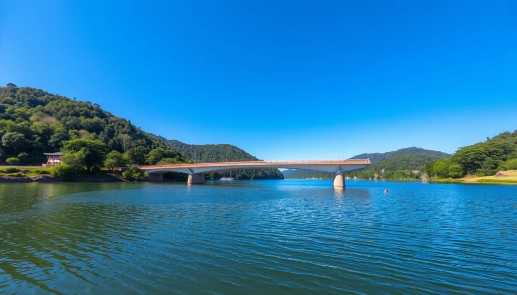 Generate an image of Lake Zarasai with the Observation Bridge in the foreground.