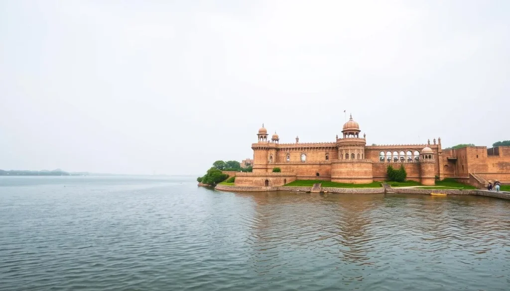 Generate an image of Lakhota Lake and Fort in Jamnagar, showcasing the serene lake and the historic fort structure.