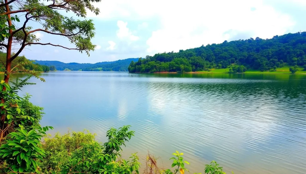 Generate an image of Laknavaram Lake with its serene waters and surrounding lush greenery. Generate an image of Laknavaram Lake with its serene waters and surrounding lush greenery.