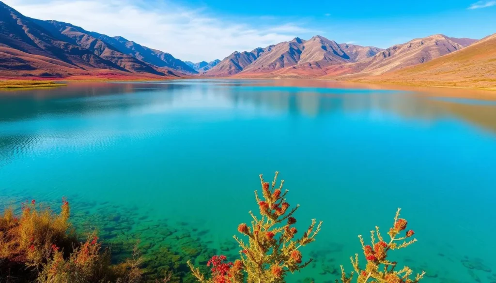 Generate an image of Lal Pari Lake, showcasing its clear waters and surrounding open spaces.